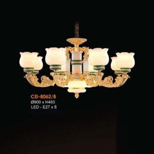 Đèn chùm nến đồng Veronia - Chao đá ngọc Ø900*H460, Led - E27 x 8