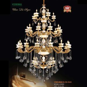 Đèn chùm nến đồng chao đá ngọc Ø1550xH2200, LED - E14x35