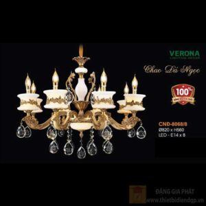 Đèn chùm nến đồng chao đá ngọc Ø820xH560, LED - E14x8